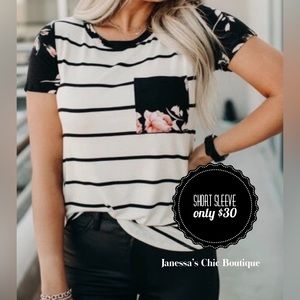 Navy Blue Stripes with Floral Pocket and Short Sleeves